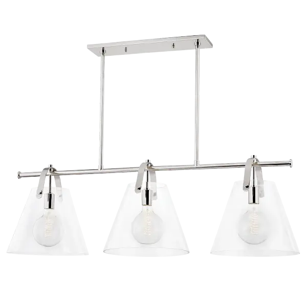 The Karin Linear combines transitional elegance with industrial details through its distinctive metal strap design and bell-shaped clear glass shade. Perfect for kitchen islands and dining areas, it provides excellent task lighting.
