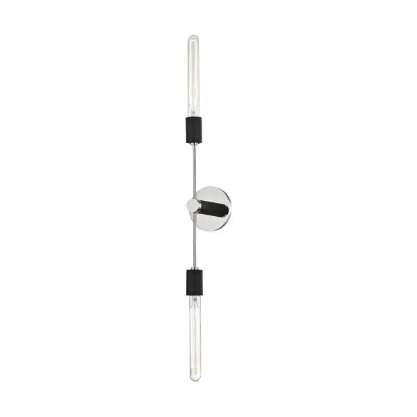 The Astrid Wall Sconce brings industrial flair with its linear modern design and striking polished nickel and matte black finish. Perfect for adding contemporary style to dining rooms, hallways, and bedrooms.