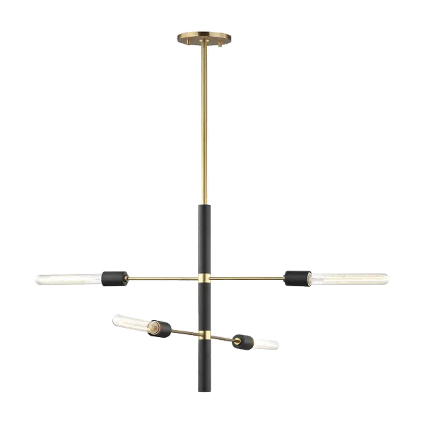The Astrid Chandelier brings sophisticated industrial style to dining spaces with its sleek linear form and striking two-tone finish. The antique brass and matte black combination creates visual interest while maintaining versatility across modern and transitional interiors.