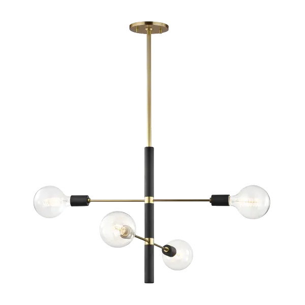 The Astrid Chandelier brings sophisticated industrial style to dining spaces with its sleek linear form and striking two-tone finish. The antique brass and matte black combination creates visual interest while maintaining versatility across modern and transitional interiors. - alternate view