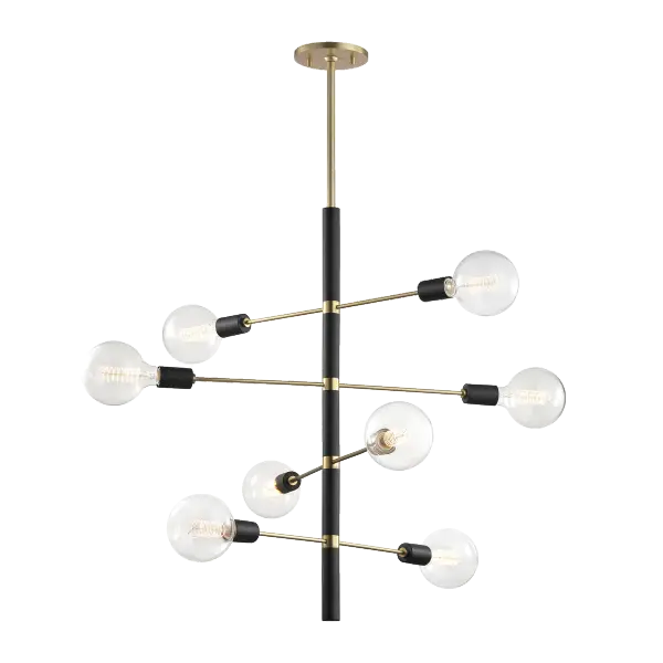 The Astrid Linear Chandelier brings industrial elegance to dining spaces with its cascading design and striking antique brass and matte black finish. Available in multiple sizes, it adapts beautifully from intimate breakfast nooks to expansive dining rooms. - alternate view