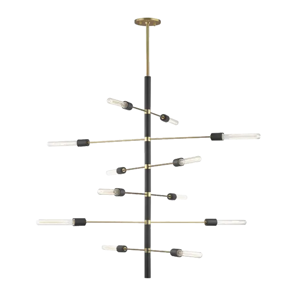 The Astrid Linear Chandelier brings industrial elegance to dining spaces with its cascading design and striking antique brass and matte black finish. Available in multiple sizes, it adapts beautifully from intimate breakfast nooks to expansive dining rooms.