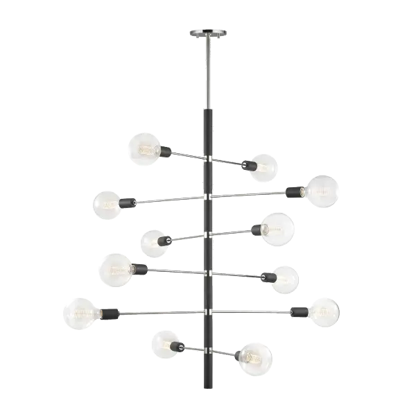 The Astrid Linear Chandelier brings industrial sophistication to dining spaces with its cascading modern design. The polished nickel and matte black finish combination creates visual interest while maintaining versatility across contemporary interiors.