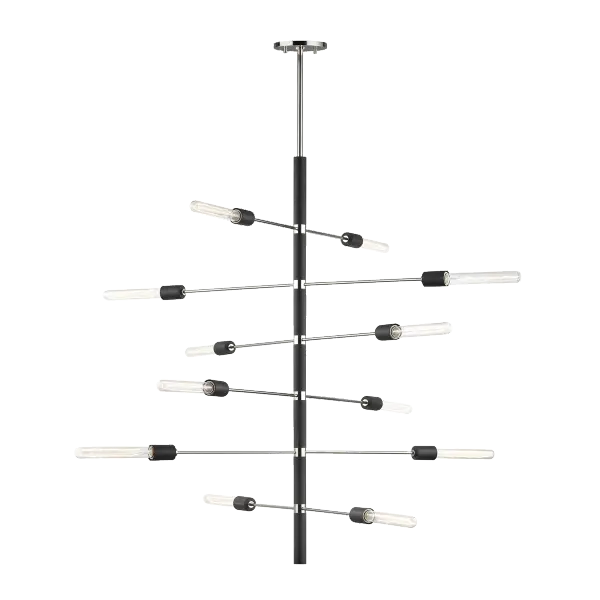 The Astrid Linear Chandelier brings industrial sophistication to dining spaces with its cascading modern design. The polished nickel and matte black finish combination creates visual interest while maintaining versatility across contemporary interiors. - alternate view