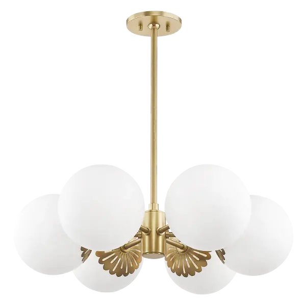 The Paige Chandelier combines classic elegance with contemporary sensibility. Its aged brass finish and glass globe shades create a sophisticated focal point perfect for dining rooms and entryways.