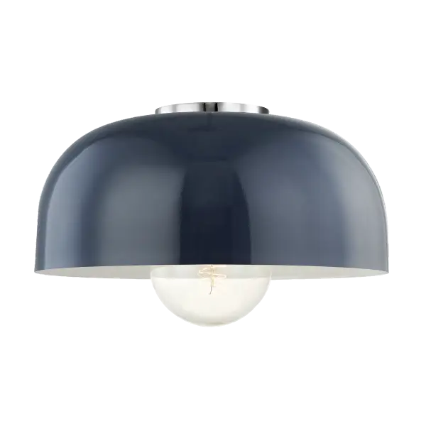 The Avery Flush Mount combines polished nickel hardware with a navy fabric drum shade for a refined, space-saving ceiling solution. Perfect for rooms with lower ceilings or where a streamlined profile is desired.