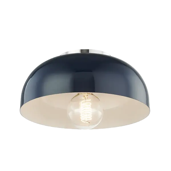 The Avery Flush Mount combines polished nickel hardware with a navy fabric drum shade for a refined, coastal-inspired look. Perfect for low-ceiling spaces requiring both style and function.