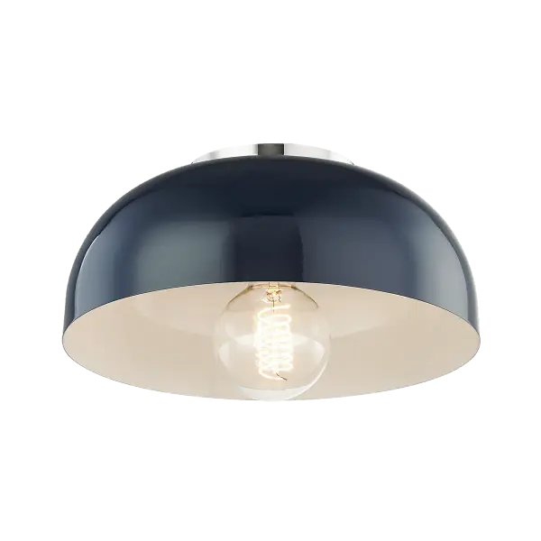 The Avery Flush Mount combines polished nickel hardware with a navy fabric drum shade for a refined, coastal-inspired look. Perfect for low-ceiling spaces requiring both style and function. - alternate view