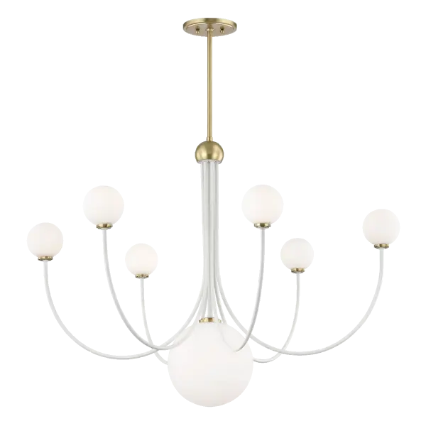 The Coco Chandelier combines aged brass metalwork with crisp white fabric shades for a sophisticated transitional look. Its balanced proportions and warm finish make it versatile across traditional and contemporary spaces.