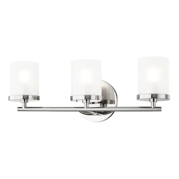 The Ryan Bath and Vanity Light delivers reliable, functional illumination with a clean transitional design. Its polished nickel finish and glass shades provide versatile styling that complements both traditional and contemporary bathrooms.