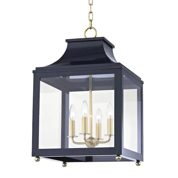 The Leigh Lantern combines timeless lantern styling with aged gold brass finish and elegant navy fabric panels. Perfect for traditional and transitional spaces seeking refined coastal charm.