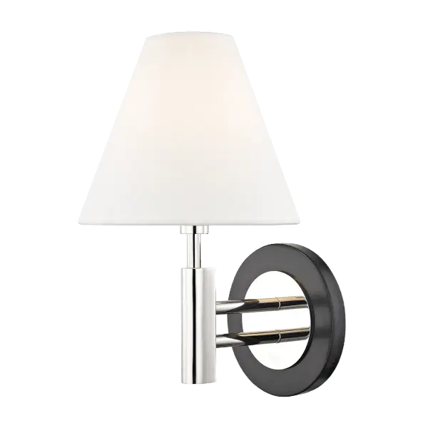 The Robbie Wall Sconce combines polished nickel and black finishes for a sophisticated contemporary look. Its compact design makes it ideal for bathrooms, hallways, and smaller spaces requiring stylish task lighting.