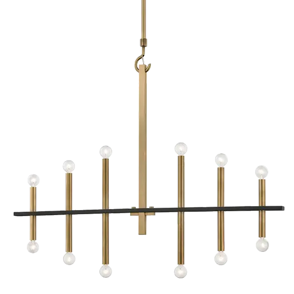 The Colette Chandelier combines aged gold brass with black accents for a sophisticated transitional look. Its versatile design works beautifully in dining rooms, foyers, and living spaces, offering excellent value at its current sale price.