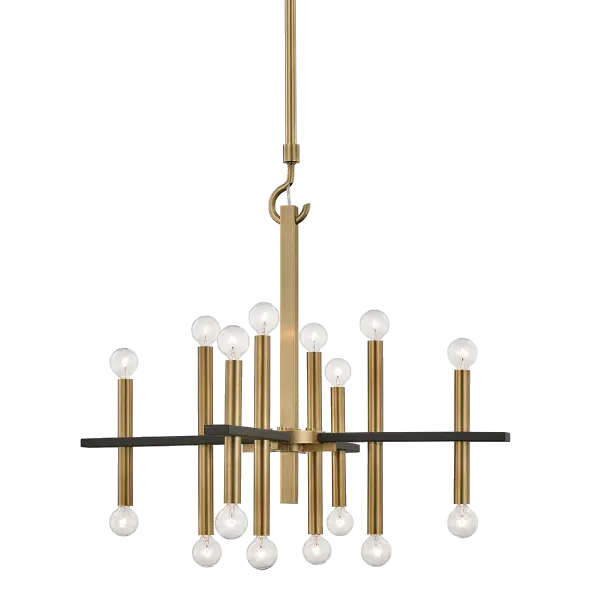 The Colette Chandelier combines aged gold brass with black accents for a sophisticated transitional design. Its versatile aesthetic works beautifully in both traditional and contemporary spaces, making it a smart choice for dining rooms and entryways.