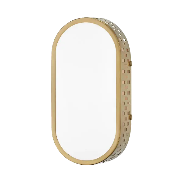 The Phoebe Wall Sconce brings a contemporary edge with its capsule-shaped design and geometric perforations. Square and rectangle cutouts create dynamic light patterns while the gold finish adds warmth to modern spaces. - alternate view