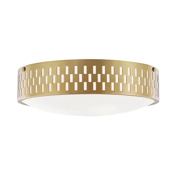The Phoebe Flush Mount brings a contemporary, space-age aesthetic with its distinctive perforated metal frame featuring square and rectangle cutouts that create ambient light patterns while providing excellent ventilation.