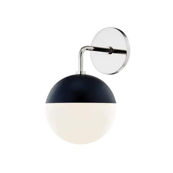 The Renee Wall Sconce combines polished nickel and black finishes for a sophisticated two-tone look. Its compact design makes it ideal for bathrooms, hallways, and powder rooms where style meets function.