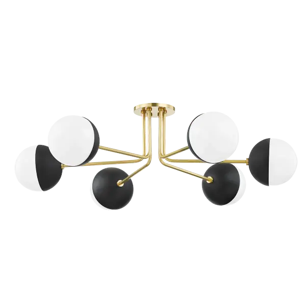 The Renee Semi Flush combines aged gold brass with black accents for a refined transitional look. Its compact profile makes it ideal for spaces with lower ceilings while delivering upscale style.