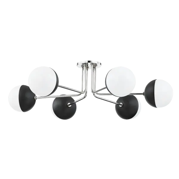 The Renee Semi Flush combines polished nickel and black finishes for a sophisticated transitional look. Its compact profile makes it ideal for rooms with lower ceilings while delivering refined style.