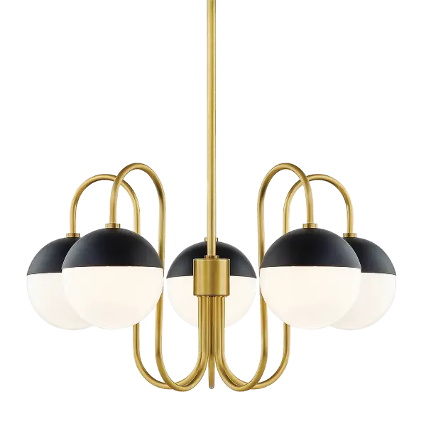 The Renee Chandelier combines aged gold brass with black accents for a sophisticated transitional look. Its versatile design works beautifully in dining rooms, foyers, and living spaces, offering timeless elegance at an accessible price point.