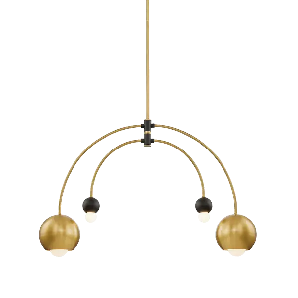 The Willow Chandelier brings artistic flexibility to your space with its mobile-like design featuring adjustable arcing arms. Playful spherical glass shades paired with a sophisticated two-tone aged brass and black finish create elegant visual contrast. - alternate view