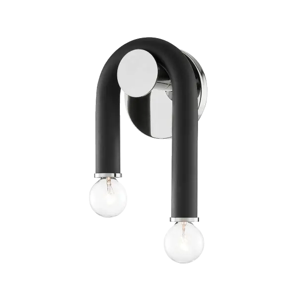 The Whit Wall Sconce brings whimsical modern style with its distinctive black metal tube draped over polished nickel accents. Uneven lines create visual interest while allowing flexible uplight or downlight mounting options.