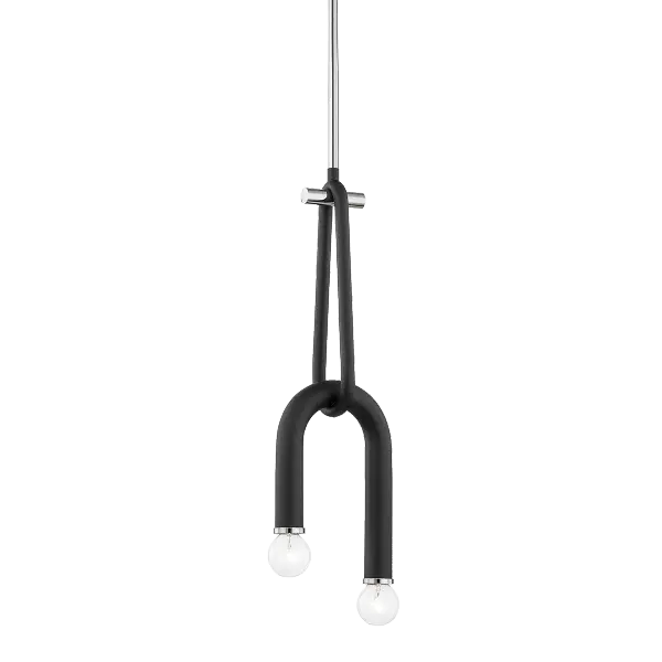 The Whit Pendant brings whimsical sophistication to modern spaces with its sweeping black metal tube draped over polished nickel accents. Uneven lines create visual interest while allowing light to shine at varying heights.