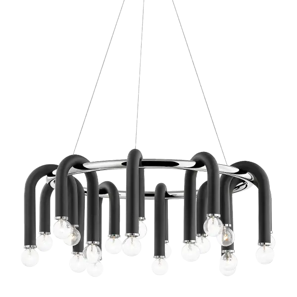 The Whit Chandelier brings whimsical sophistication to modern spaces with its sweeping black metal tube draped over polished nickel accents. Uneven light heights create dynamic visual interest perfect for contemporary interiors.