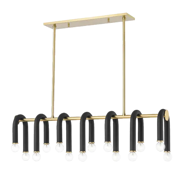 The Whit Linear brings whimsical sophistication to modern spaces with its sweeping black metal tube draped over aged brass accents. Uneven light heights create dynamic visual interest perfect for contemporary interiors.