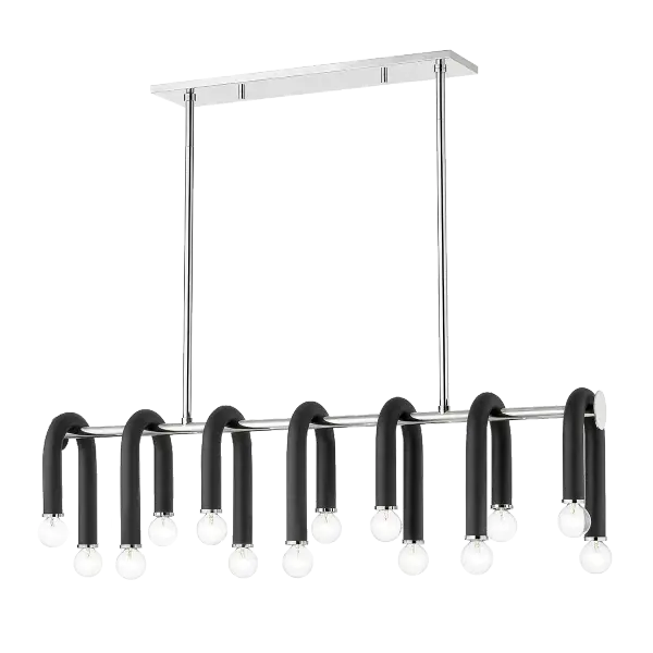The Whit Linear brings whimsical sophistication to modern spaces with its sweeping black metal tube draped over polished nickel accents. Uneven light heights create dynamic visual interest perfect for contemporary interiors.