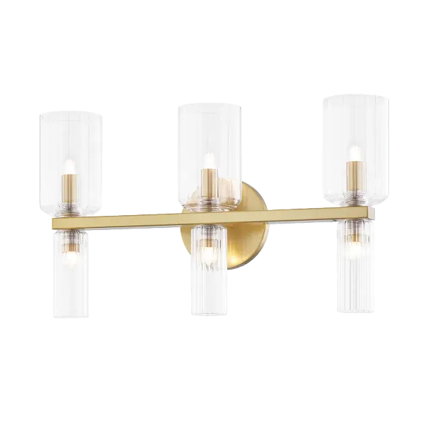 The Tabitha vanity light combines transitional styling with warm aged gold brass finish, perfect for elevating bathroom spaces. Its versatile design works beautifully in both traditional and contemporary settings.