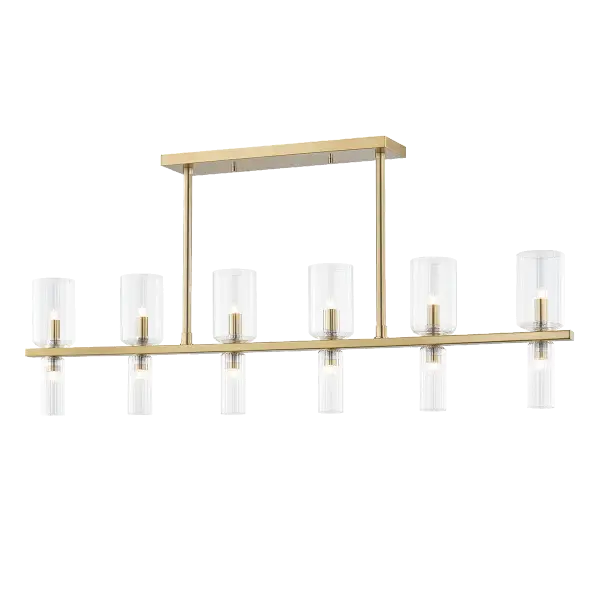 The Tabitha Linear Chandelier combines transitional elegance with contemporary clean lines. Its aged brass finish adds warmth and sophistication, making it perfect for dining rooms and kitchen islands.