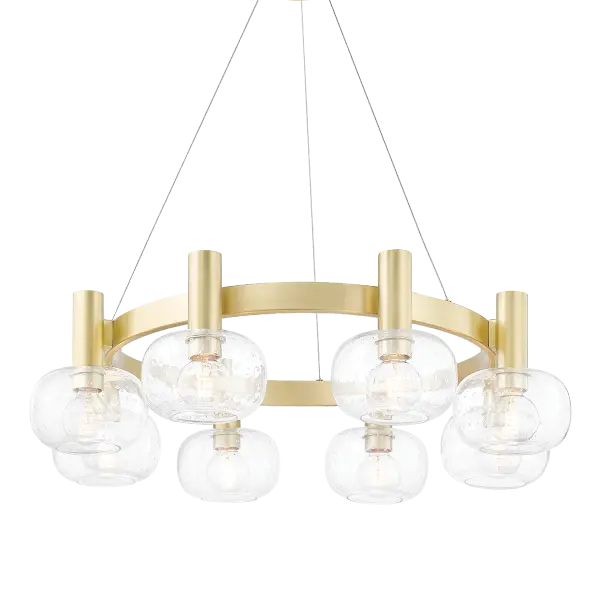 The Harlow Chandelier combines classic elegance with contemporary sensibility, featuring an aged brass finish that adds warmth to any space. Its versatile design works beautifully in both residential and commercial settings.