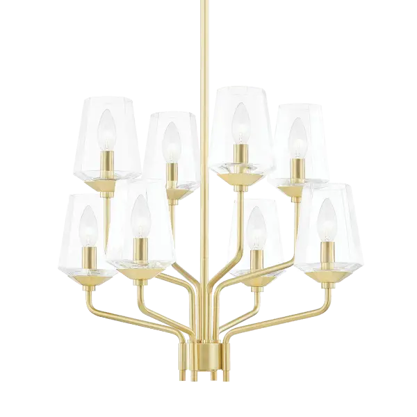 The Kayla Chandelier combines transitional design with a refined gold finish, making it a versatile centerpiece for dining rooms, foyers, and living spaces. Its balanced proportions work well in medium-sized rooms.