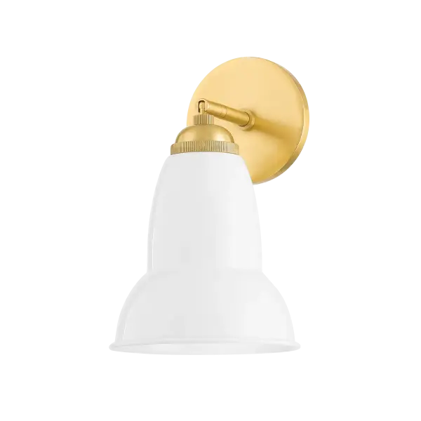 The Jamila wall sconce blends contemporary form with farmhouse charm through its glossy white bell shade and aged brass detailing. The pivoting design allows for directional lighting, while intricate knurling adds refined detail.
