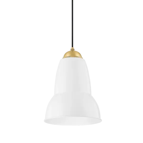 The Jamila pendant blends modern sophistication with farmhouse charm through its pivoting bell shade and aged brass detailing. The glossy white shade provides directional lighting while intricate knurling adds refined texture.