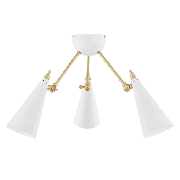 The Moxie Semi Flush combines timeless aged brass metalwork with crisp white glass for a refined look that works in traditional and contemporary spaces. Its compact profile makes it ideal for rooms with lower ceilings.