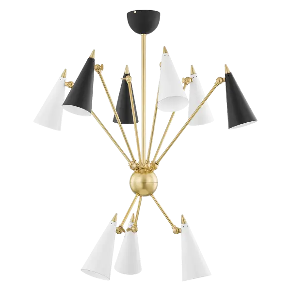 The Moxie Chandelier combines aged brass metalwork with dramatic black and white elements, creating a sophisticated focal point. Its contemporary design works beautifully in modern dining spaces and entryways.
