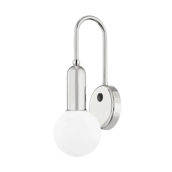 The Gabby Wall Sconce offers timeless lighting in a polished nickel finish. Its wall-mounted design makes it ideal for bathrooms, hallways, and bedrooms where space-efficient lighting is needed.
