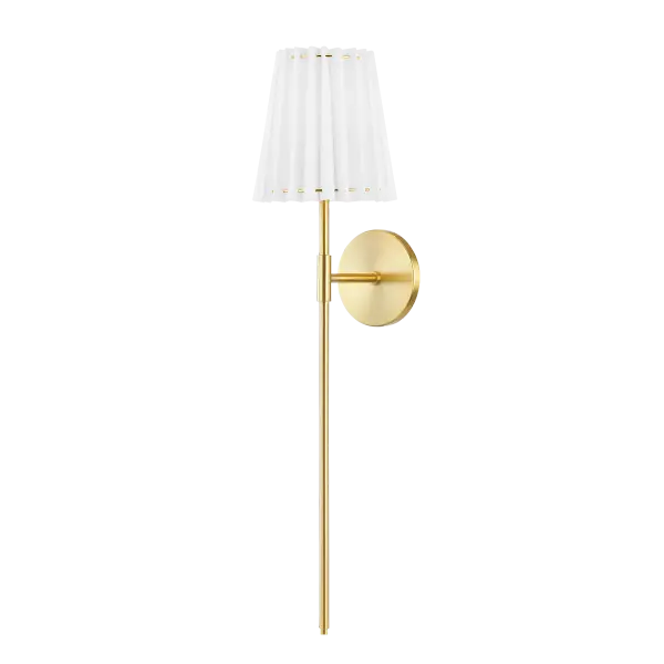 The Demi Wall Sconce combines timeless design with contemporary sensibility, featuring an aged gold brass finish that adds warmth and sophistication to any space. Perfect for bathrooms, hallways, and bedrooms.