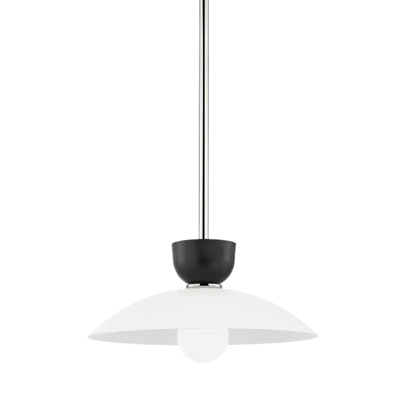 The Whitley Pendant features a distinctive flowering lotus design with contrasting soft black and white finishes, anchored by a polished nickel arm. Its artistic yin-yang aesthetic brings contemporary elegance to any space.