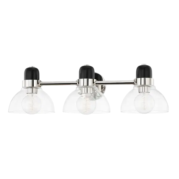 The Camile vanity light blends industrial aesthetics with contemporary sophistication. Its open, exaggerated shade and hand-blown glass create a striking focal point while providing excellent illumination for grooming tasks.