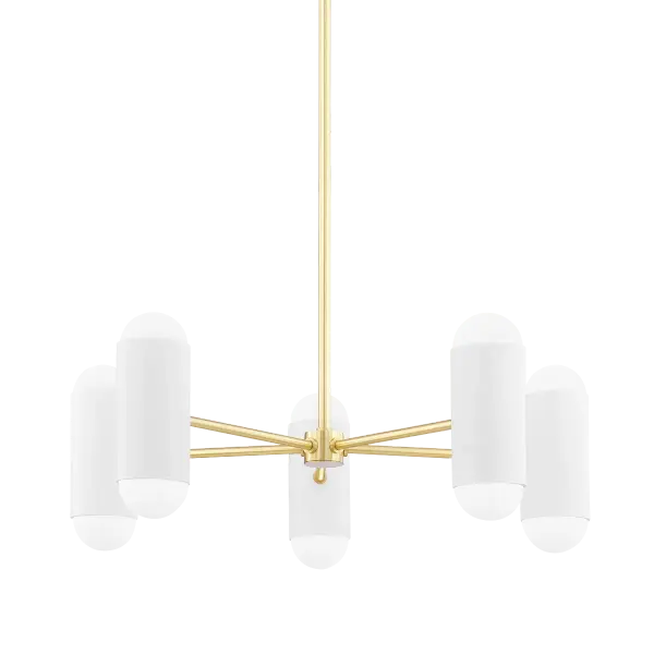 The Kira Chandelier combines classic elegance with contemporary sensibility. Its aged brass finish and seeded white glass shades create a warm, inviting ambiance perfect for dining spaces and entryways.