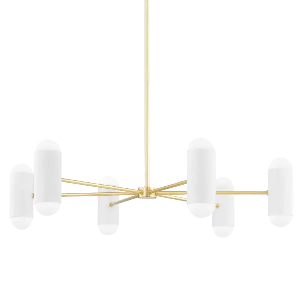 The Kira Chandelier combines classic elegance with contemporary simplicity. Its aged brass finish and soft white fabric shade create a warm, inviting ambiance perfect for dining rooms and living spaces.