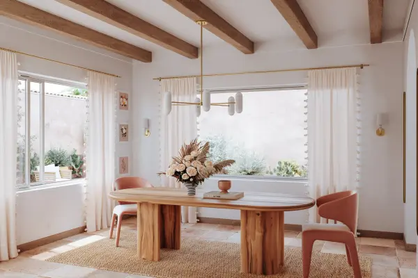 The Kira Chandelier combines classic elegance with contemporary simplicity. Its aged brass finish and soft white fabric shade create a warm, inviting ambiance perfect for dining rooms and living spaces. - alternate view