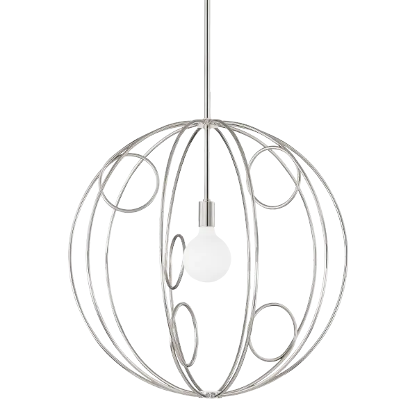 The Alanis pendant combines elegant open globe construction with unexpected looped metalwork, creating visual interest while allowing light to flow freely. Available in three sizes for versatile placement.