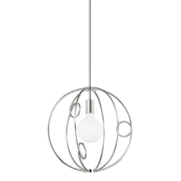 The Alanis pendant combines elegant open globe construction with unexpected looped accents for a fresh take on cage lighting. Available in three sizes, it offers versatile styling from contemporary to transitional spaces.