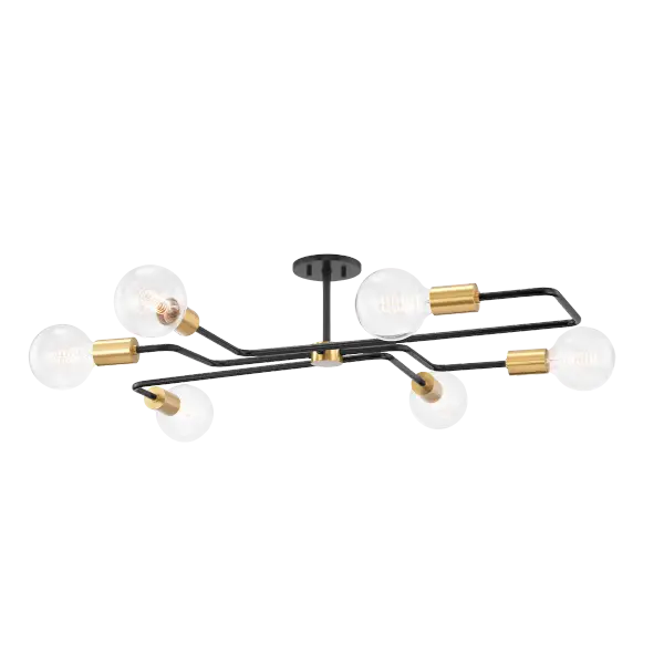 The Jena Semi Flush makes a dramatic statement with its intricate circuit grid pattern and six globe lights. This industrial fixture combines aged brass warmth with textured black accents for high-impact design in modern spaces.