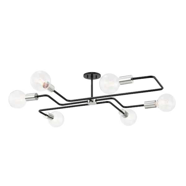 The Jena Semi Flush makes a striking statement with its intricate circuit grid pattern and six globe lights. This industrial fixture brings high-design appeal to bedrooms, offices, and playrooms with its architectural metalwork.