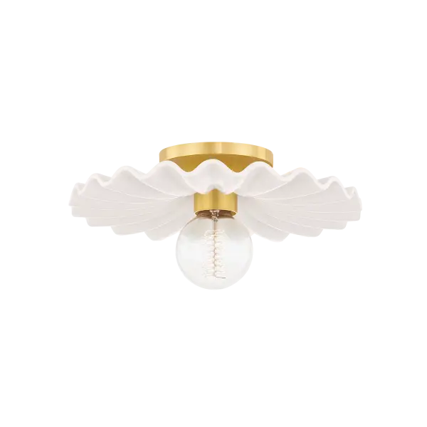 The Tinsley brings southern charm and whimsy with its white ceramic collar and aged brass finish. Perfect for adding character to kitchens, bathrooms, and hallways with its exposed globe bulb design.